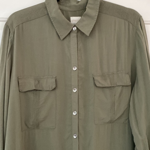 Chico’s Size 3 Long Utility Shirt Pocket Sage Green Button Down Blouse Chicos XL - Picture 2 of 9